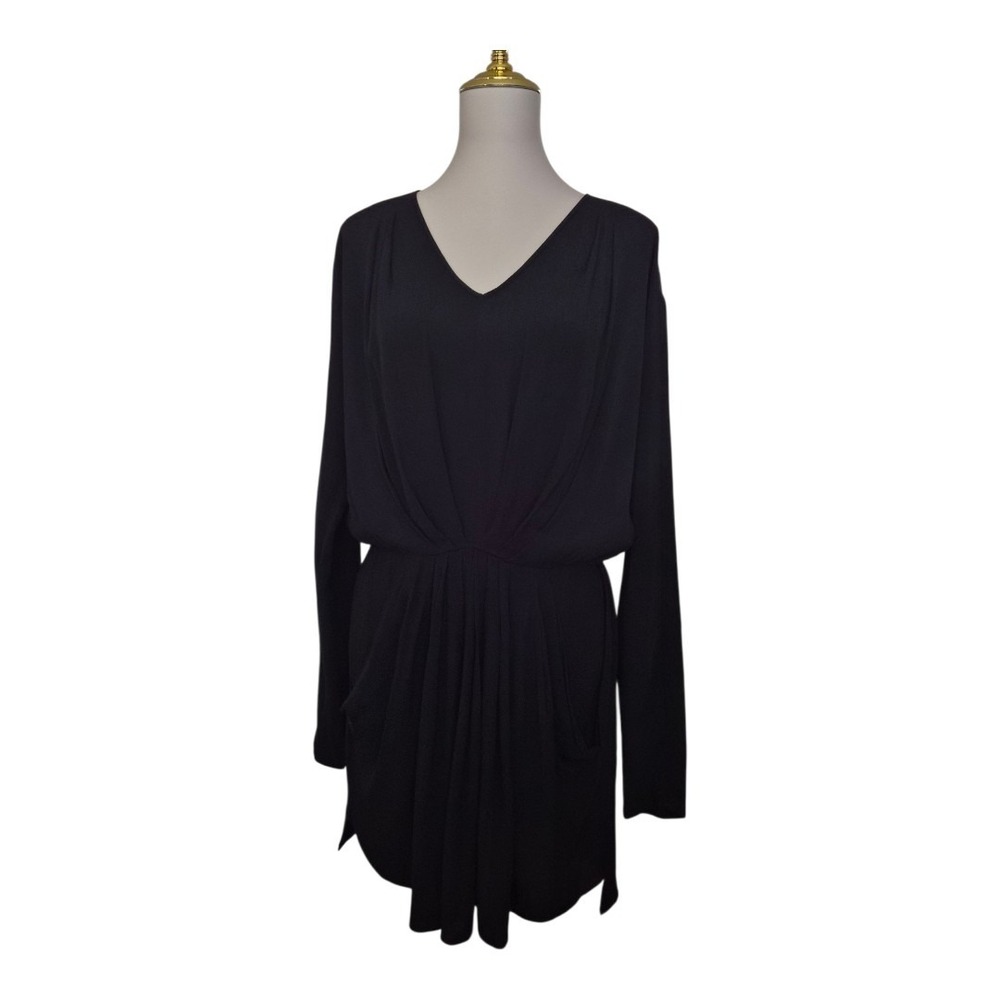 Rebecca Taylor Womens Black Long Sleeve Dress Size 8 Rayon V Neck Draped Pockets